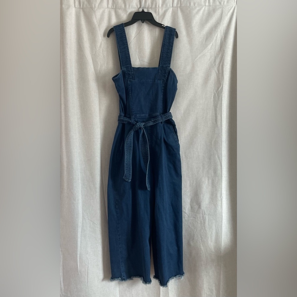 Rachel Roy Denim Overalls with Tie Waist zipper back and pockets.